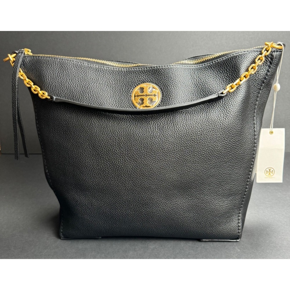Tory Burch Carson Hobo Bag Black Pebbled Leather Gold Chain NWT 75421